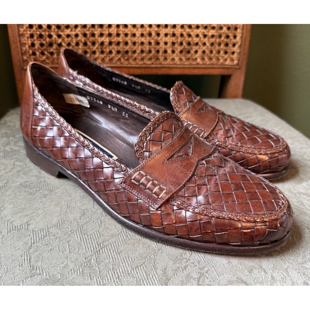 Bragano Men's Woven Leather Penny Loafer Shoes Size 9.5 M Brown 07540